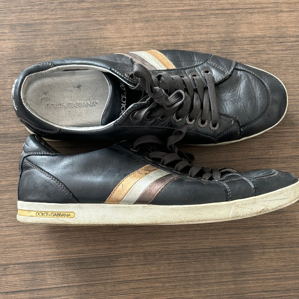 Dolce & Gabbana Men's Black Sneakers with Tan and Cream Stripes